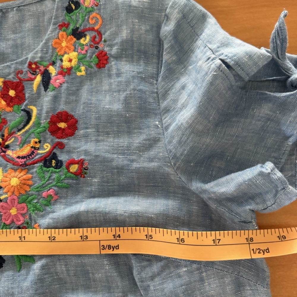 Talbots Top PETITE Small Blue Floral Embroidered Linen Blend Boho Short Sleeves - Picture 9 of 10